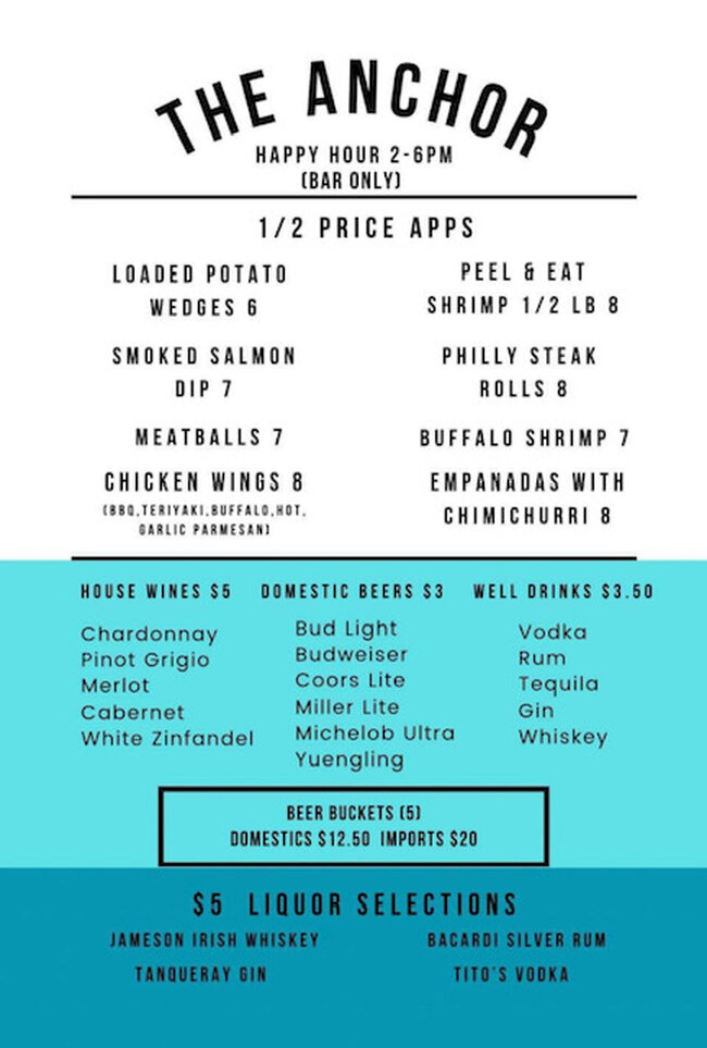 Happy Hour and Drink Menu Page of The Anchor Restaurant