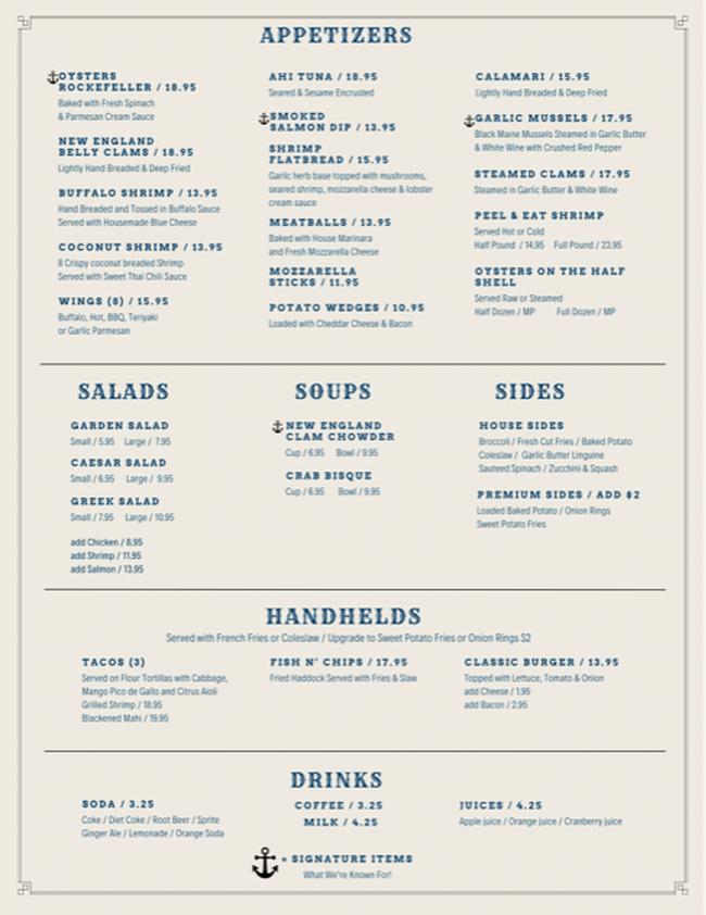 Menu Page of The Anchor Restaurant including: Appetizers, Salads, Soups, Sides, Handhelds and Drinks