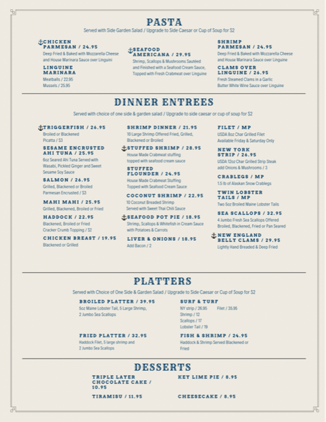 Menu Page of The Anchor Restaurant including: Pasta, Dinner Entrees, Platters and Desserts