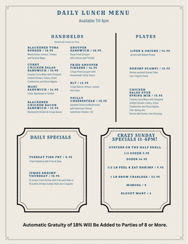 Lunch Menu Page of The Anchor Restaurant