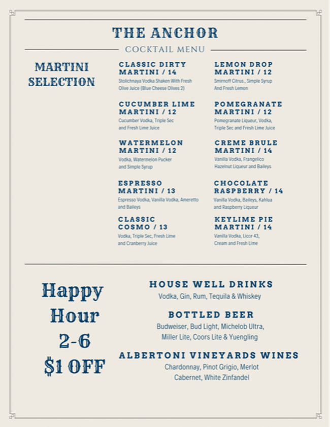Cocktail Menu Page of The Anchor Restaurant