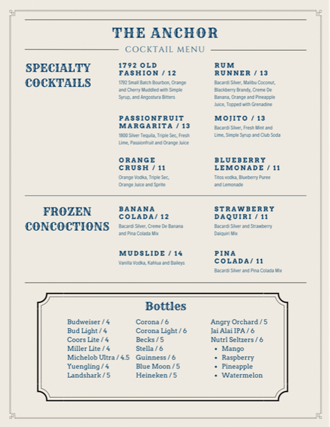 Cocktail Menu Page two of The Anchor Restaurant